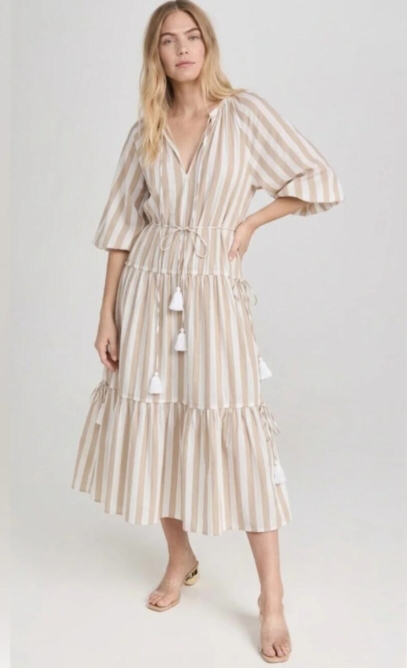 Mille Natalia Midi Dress Beige White Stripe NWT Tasseled Tiered Women's XS